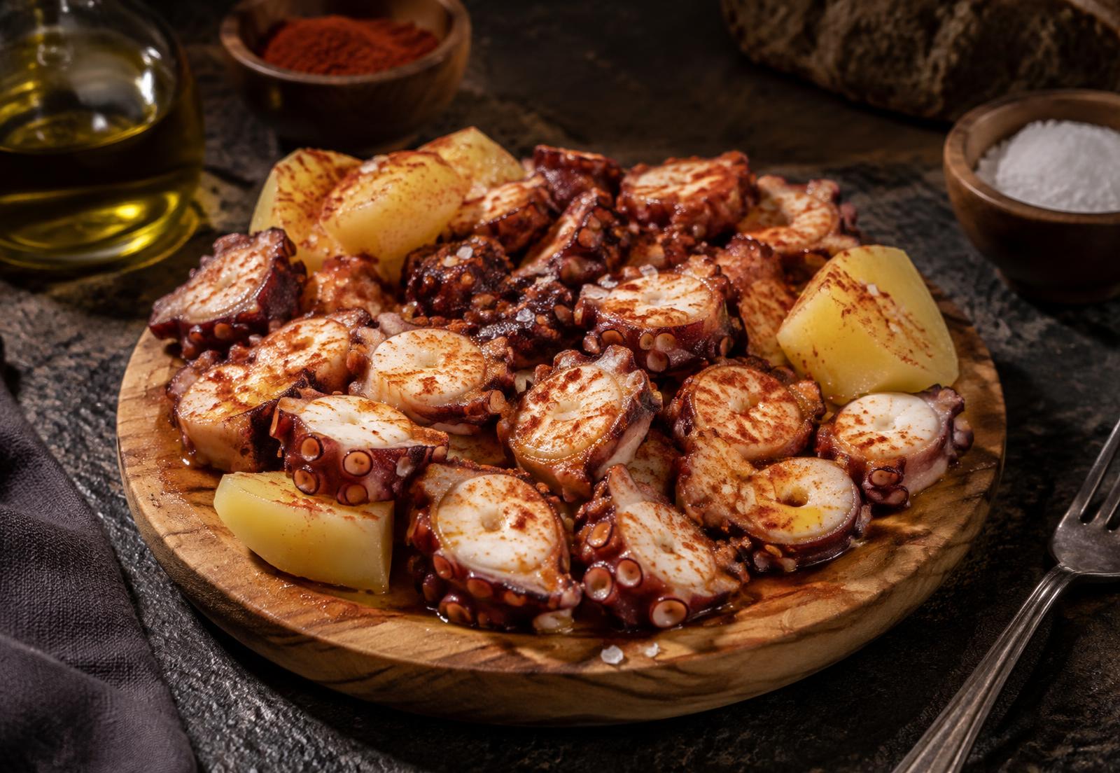 Pulpo á feira en plato de madera