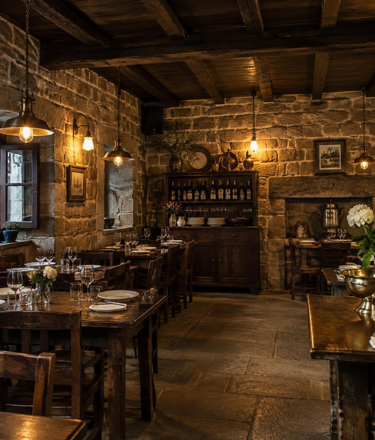 Interior de la taberna con piedra y madera